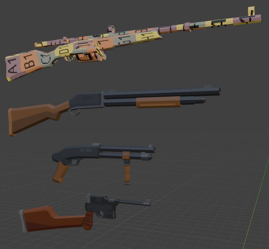 Some current examples of weapon models for Re:Kindled. The top model is still a work in progress. 