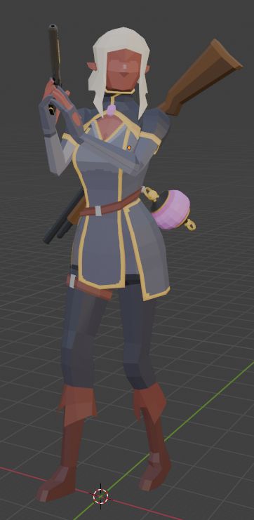 3 quarter view of Evie with her unique pistol, a basic trenchgun, and her lantern. 