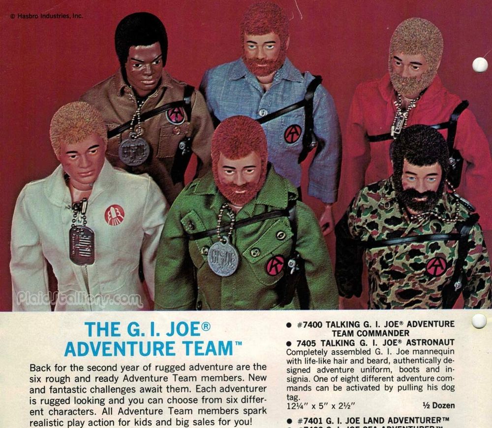 Image from PlaidStallions.com of the 1971 G.I. Joe catalog featuring military action figures with “life-like” (not really) hair including full beards on 4 of the 6 men.