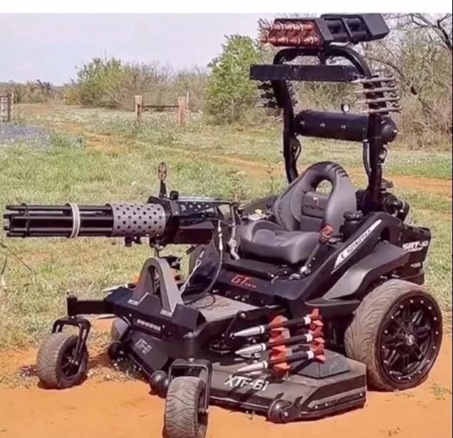 A riding lawn mower that has been up armored and armamented. It has multiple rocket launchers and a M61 Vulcan automatic rotary cannon.