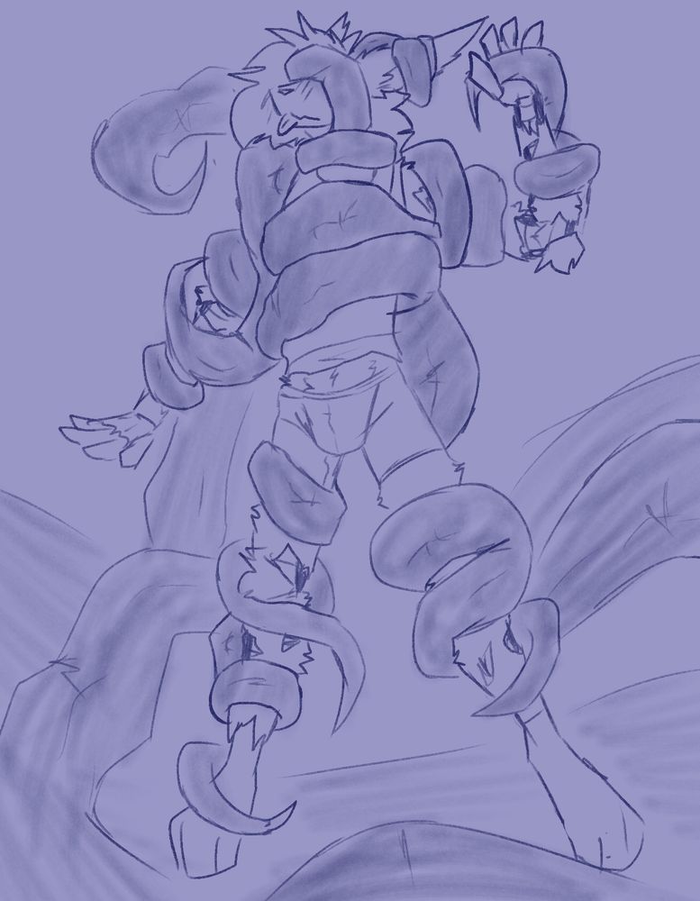 Visco bound up intensely by several thick tentacles, clad in only boxers and a tank top.