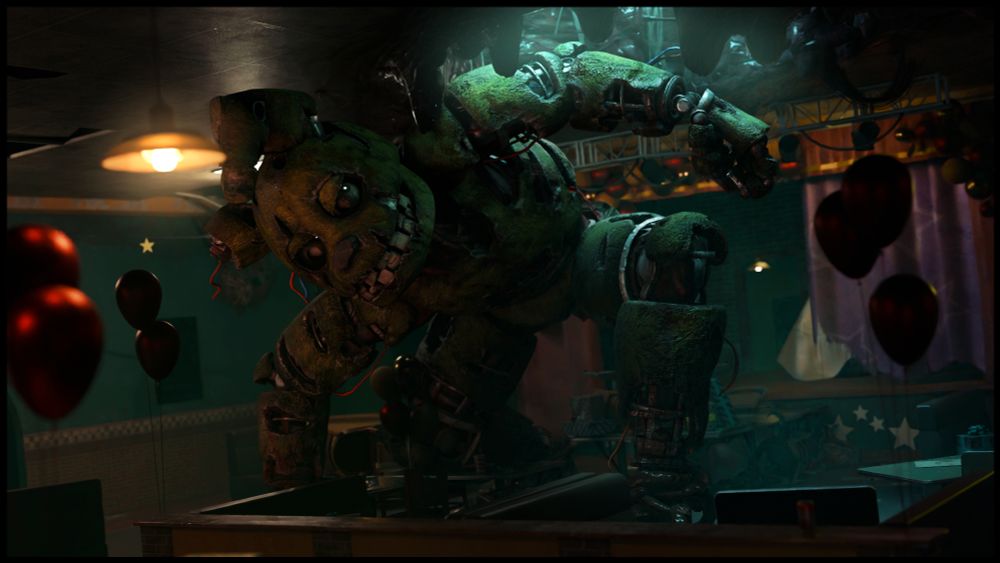 Springtrap in the pizzeria map from DBD being very inconvenienced with how low the ceiling is.