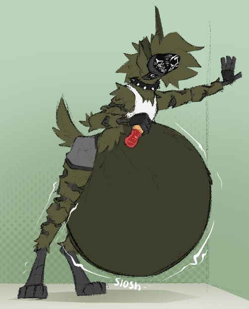 Visco clad in his usual attire with an excessively round and swelling gut. The soda bottle he's holding seems the be the culprit of his predicament.