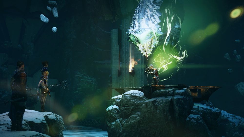 Wide shot of the magic flowing from Ameridan to the dragon, Daine Lavellan and Dorian look on, their staffs at their side; three mages.