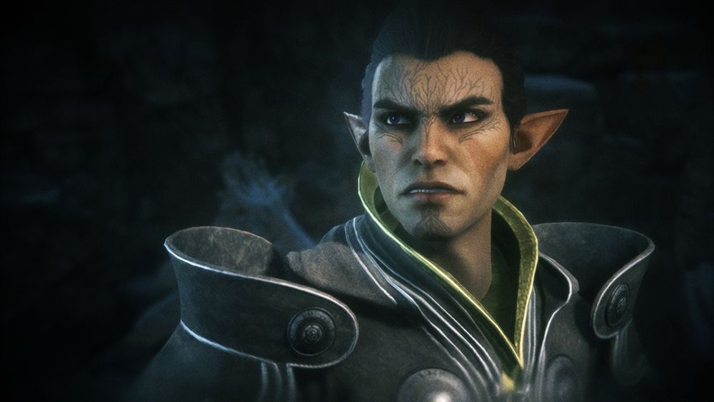 Screenshot of Felassan from DAtV scowling at Solas off screen.