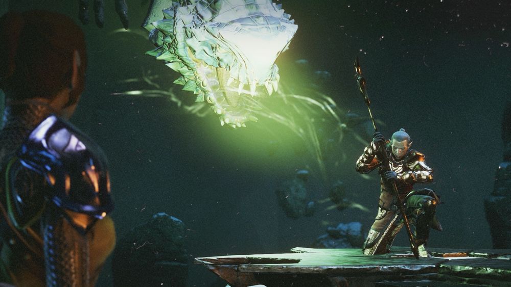 Wide shot of the magic flowing from Ameridan to the dragon, Daine Lavellan looks on.