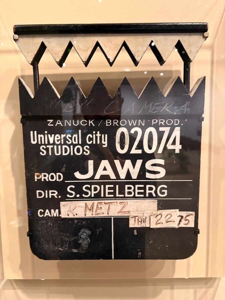 A clapperboard for Jaws with serrated teeth. 