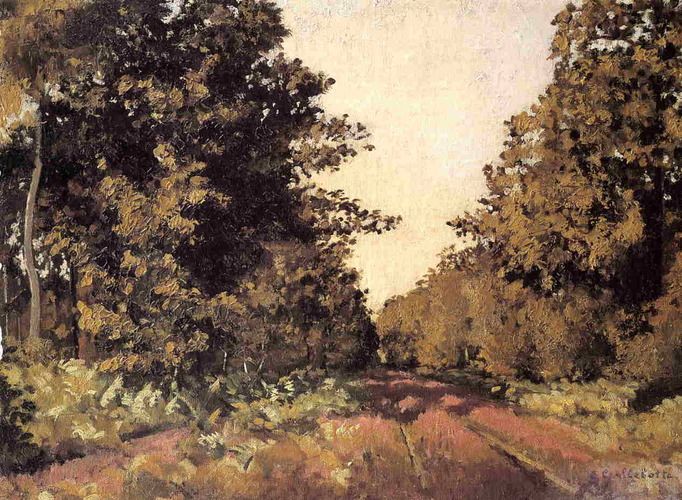 "Woods at la Grange" by Gustave Caillebotte showcases a serene path surrounded by lush, textured trees, reflecting the artist's affinity for capturing natural landscapes with precision and tranquility. Known for his role in the Impressionist movement, Caillebotte's work often bridges realism and impressionism, bringing a unique clarity to his depictions of rural scenes.