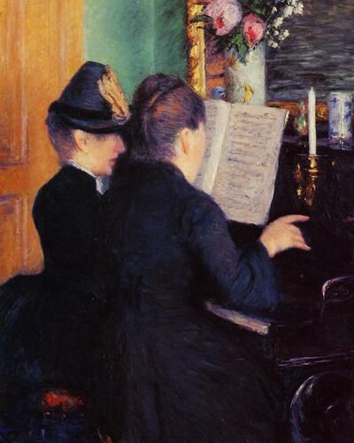 In "The Piano Lesson" by Gustave Caillebotte, two women are depicted engaging in an intimate and focused piano session, bathed in soft interior light. Caillebotte, known for his impressionist style, captures the quiet elegance of everyday life and the private moment of music-making. 