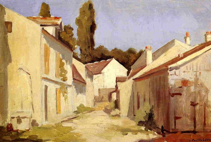 "Le Clos des Abbesses" by Gustave Caillebotte captures a serene village street bathed in warm sunlight, with a harmonious play of light and shadows on rustic buildings. Known for his impressionist style, Caillebotte emphasizes structure and depth, showcasing his keen interest in both urban and rural landscapes.