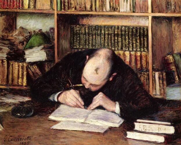 Gustave Caillebotte's "Portrait of a Man Writing in His Study" captures an intimate moment of concentration, with the figure immersed in his work, surrounded by shelves filled with books. The scene reflects Caillebotte's impressionist style, emphasizing the subtleties of light and texture in a quiet, introspective setting.