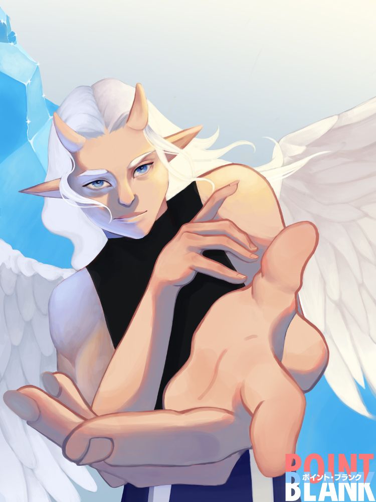 Illustration of a female character in a pose, preparing for a fight, one hand reached out as if to pull the viewer in. She has white hair, short horns and pointed ears as well as wings. She has light skin, pink-ish due to the light source, and blue eyes. The bottom right of the illustration has my signature: Point Blank