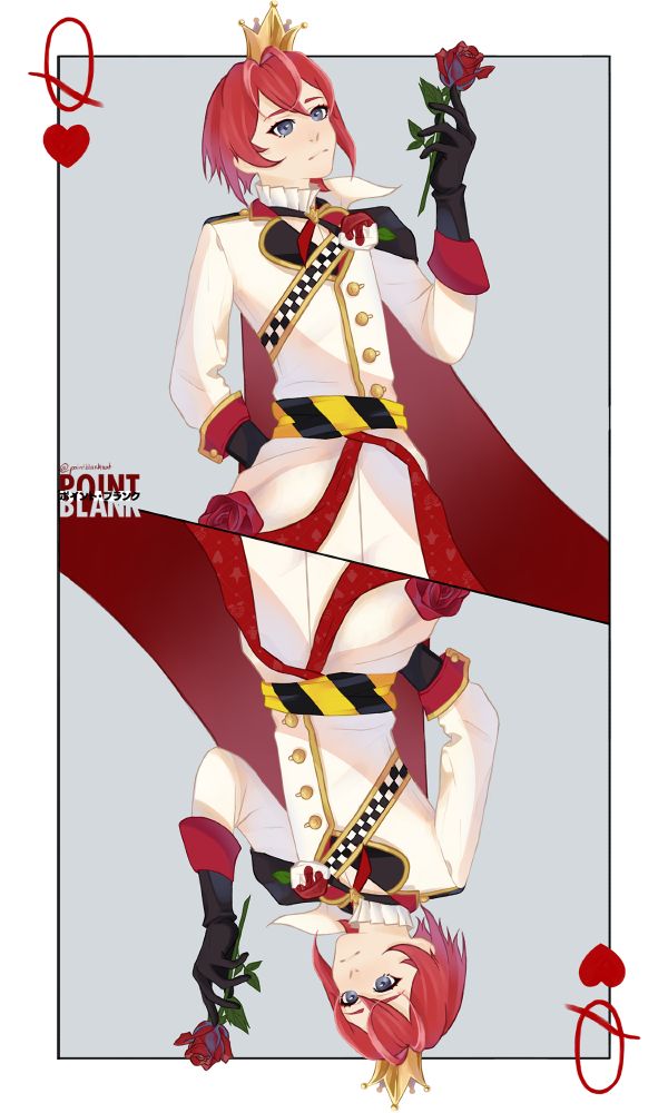 Riddle Rosehearts (red hair, light skin, grey eyes; fancy, mostly white clothing) looking at a red rose in his hand, made to look like the mirrored look of a playing card, specifically the Queen of Hearts. Signature (Point Blank, @pointblankart) on the left side.