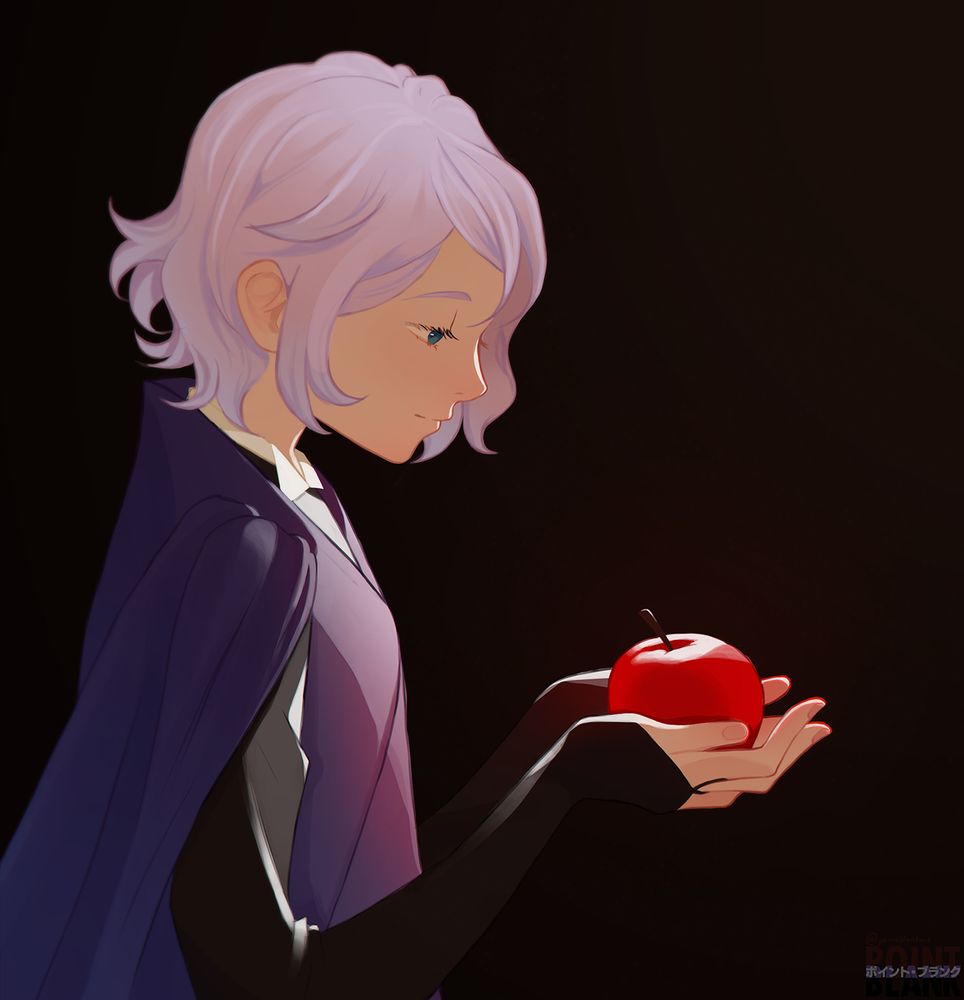 Epel Felmier (soft features, purple hair, teal-coloured eyes, light skin), wearing his Dorm uniform (white collar, purple cloak-like coat and black sleeves) holding a bright red apple. He's illuminated by warm lighting against a dark backdrop. Signature in the lower right corner: Point Blank @pointblankart