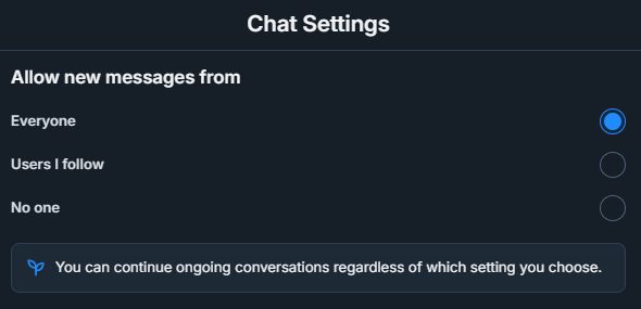 Its a screenshot of the BlueSky Chat Settings.

The topic reads: "Allow new messags from"

There are three radio buttons: (1) Everyone (2) Users I follow (3) No one

The "Everyone" option is currently selected.