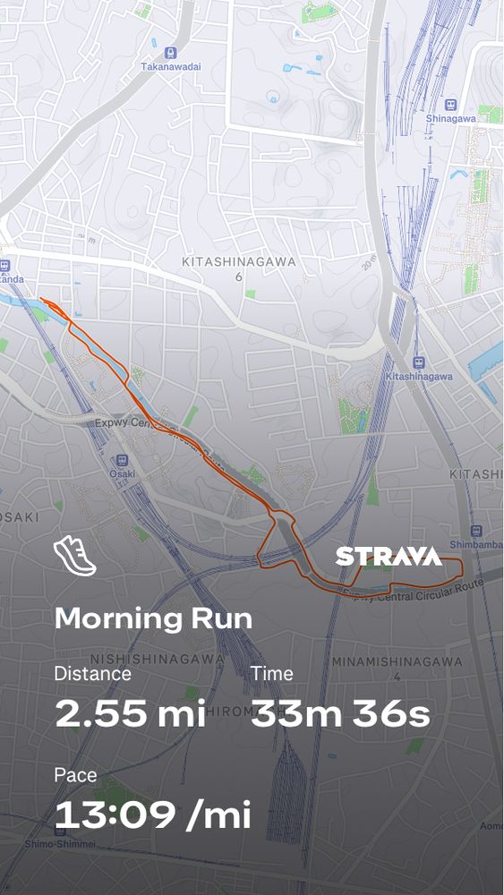 image from Strava showing run details. there is a map showing Bella’s running route along the river in the area in Tokyo they were staying. the run was called Morning Run and Bella ran 2.55 miles in 33 minutes and 36 seconds with an average pace of 13:09/mile. 