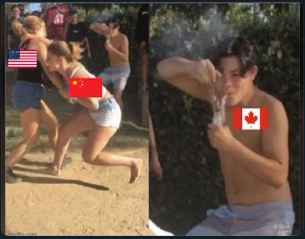 photo of two young women fighting and a young man, watching from the sideline smoking weed from a bong.  One of the women fighting has the American flag and the other woman has a Chinese flag while the stoned guy has a Canadian flag