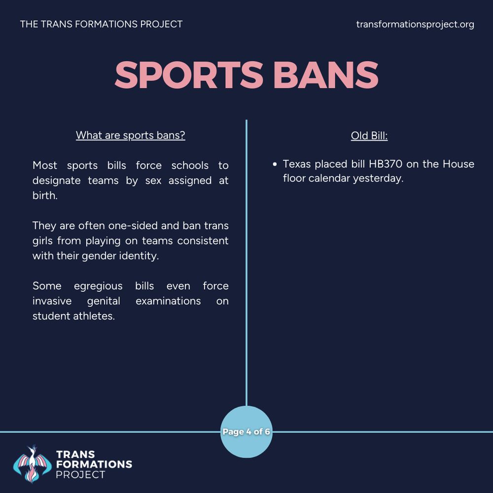 Most sports bills force schools to designate teams by sex assigned at birth. 

They are often one-sided and ban trans girls from playing on teams consistent with their gender identity.

Some egregious bills even force invasive genital examinations on student athletes.

Old Bill:

Texas placed bill HB370 on the House floor calendar yesterday.
