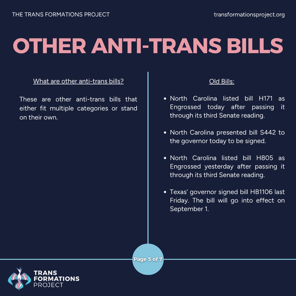 These are other anti-trans bills that either fit multiple categories or stand on their own.

Old Bills:

North Carolina listed bill H171 as Engrossed today after passing it through its third Senate reading.

North Carolina presented bill S442 to the governor today to be signed.

North Carolina listed bill H805 as Engrossed yesterday after passing it through its third Senate reading.

Texas’ governor signed bill HB1106 last Friday. The bill will go into effect on September 1.

