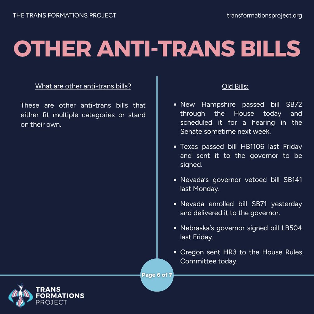 These are other anti-trans bills that either fit multiple categories or stand on their own.

Old Bills:

New Hampshire passed bill SB72 through the House today and scheduled it for a hearing in the Senate sometime next week.

Texas passed bill HB1106 last Friday and sent it to the governor to be signed.

Nevada’s governor vetoed bill SB141 last Monday.

Nevada enrolled bill SB71 yesterday and delivered it to the governor.

Nebraska’s governor signed bill LB504 last Friday.

Oregon sent HR3 to the House Rules Committee today.

