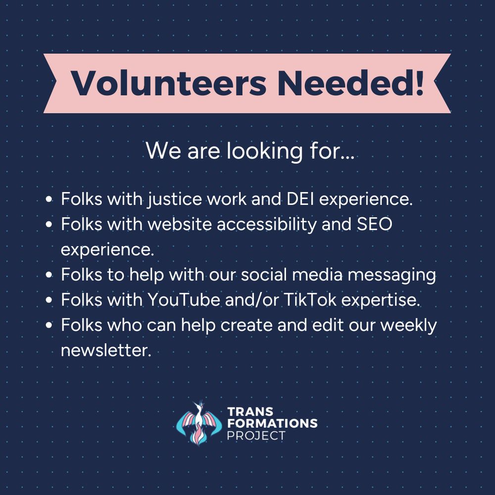  A dark blue background with a dot grid. “Volunteers Needed!" is on a pink ribbon banner at the top. "We are looking for... Folks with justice work and DEI experience.
Folks with website accessibility and SEO experience.
Folks to help with our social media messaging
Folks with YouTube and/or TikTok expertise.
Folks who can help create and edit our weekly newsletter.”
