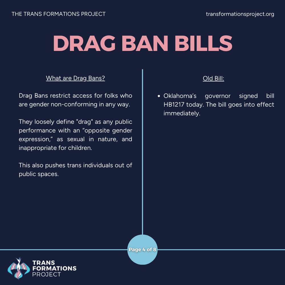 Drag Bans restrict access for folks who are gender non-conforming in any way. 

They loosely define "drag" as any public performance with an “opposite gender expression,” as sexual in nature, and inappropriate for children. 

This also pushes trans individuals out of public spaces.

Old Bill:

Oklahoma’s governor signed bill HB1217 today. The bill goes into effect immediately.
