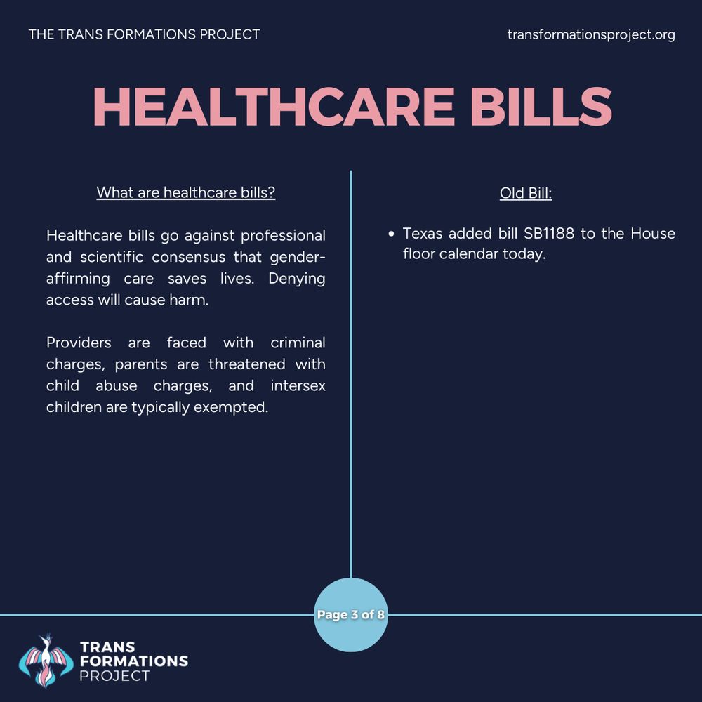 Healthcare bills go against professional and scientific consensus that gender-affirming care saves lives. Denying access will cause harm.

Providers are faced with criminal charges, parents are threatened with child abuse charges, and intersex children are typically exempted.

Old Bill:

Texas added bill SB1188 to the House floor calendar today.

