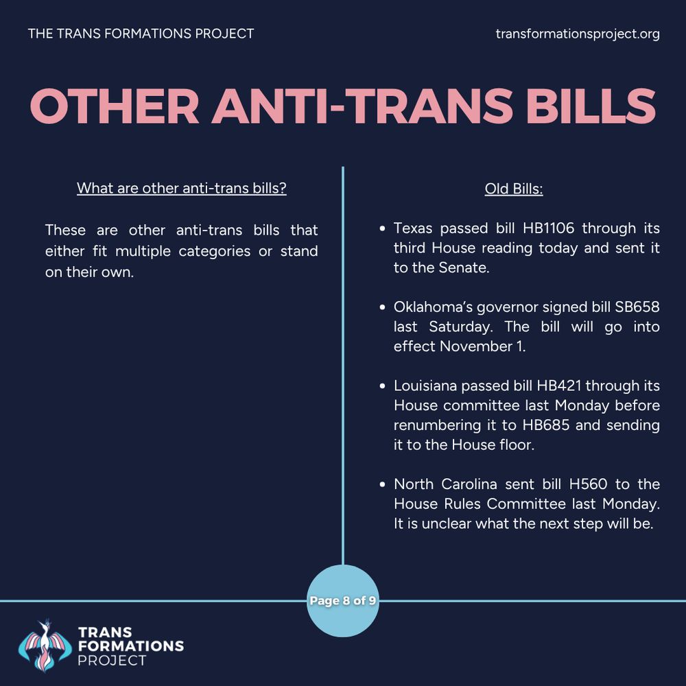 These are other anti-trans bills that either fit multiple categories or stand on their own.

Old Bills:

Texas passed bill HB1106 through its third House reading today and sent it to the Senate.

Oklahoma’s governor signed bill SB658 last Saturday. The bill will go into effect November 1.

Louisiana passed bill HB421 through its House committee last Monday before renumbering it to HB685 and sending it to the House floor.

North Carolina sent bill H560 to the House Rules Committee last Monday. It is unclear what the next step will be.
