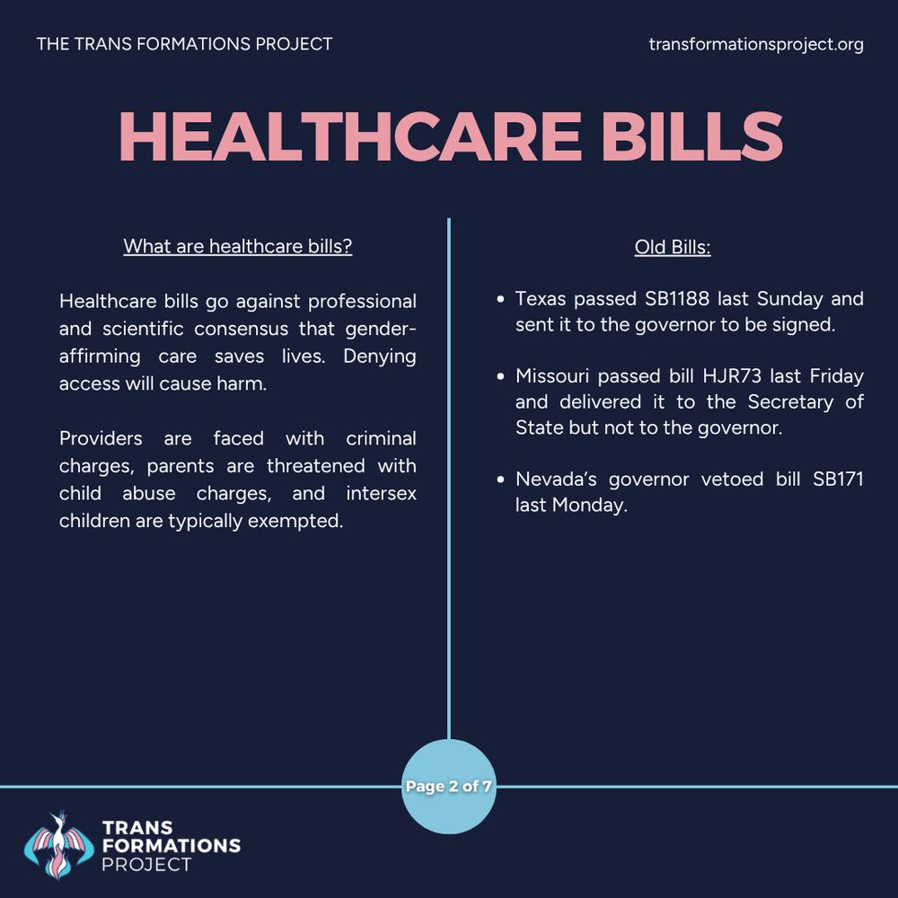 Healthcare bills go against professional and scientific consensus that gender-affirming care saves lives. Denying access will cause harm.

Providers are faced with criminal charges, parents are threatened with child abuse charges, and intersex children are typically exempted.

Old Bills:

Texas passed SB1188 last Sunday and sent it to the governor to be signed.

Missouri passed bill HJR73 last Friday and delivered it to the Secretary of State but not to the governor.

Nevada’s governor vetoed bill SB171 last Monday.
