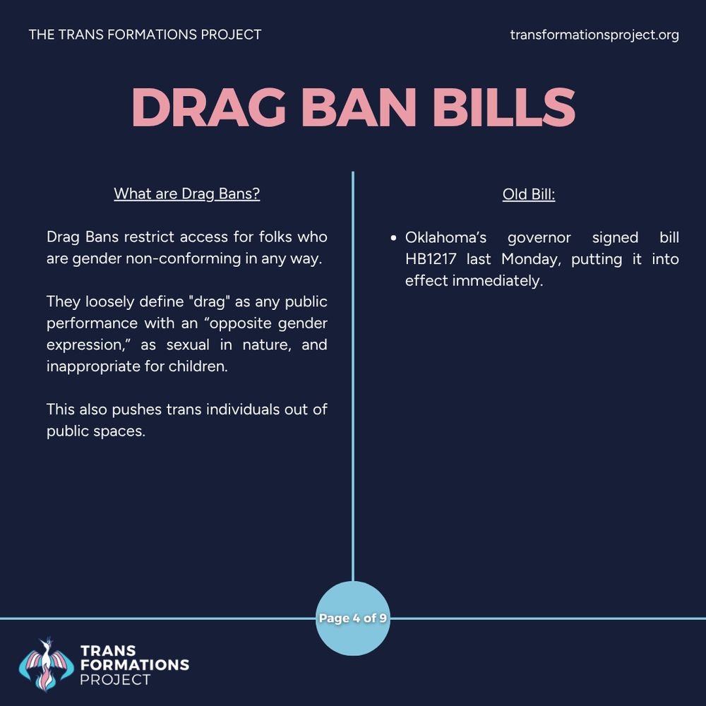 Drag Bans restrict access for folks who are gender non-conforming in any way. 

They loosely define "drag" as any public performance with an “opposite gender expression,” as sexual in nature, and inappropriate for children. 

This also pushes trans individuals out of public spaces.

Old Bill:

Oklahoma’s governor signed bill HB1217 last Monday, putting it into effect immediately.
