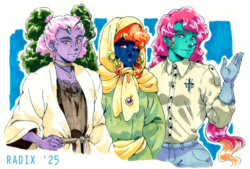 A trio of women with impossible hair colours and skin tones.