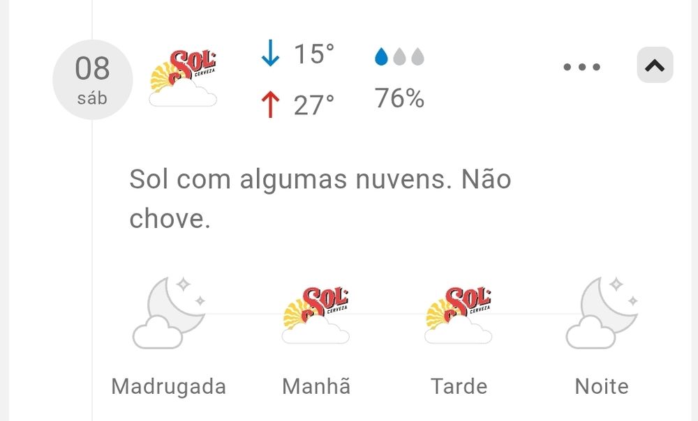 Previsão do tempo mas ao invés do sol desenhado normal eles substituíram pelo logo da cerveja Sol.