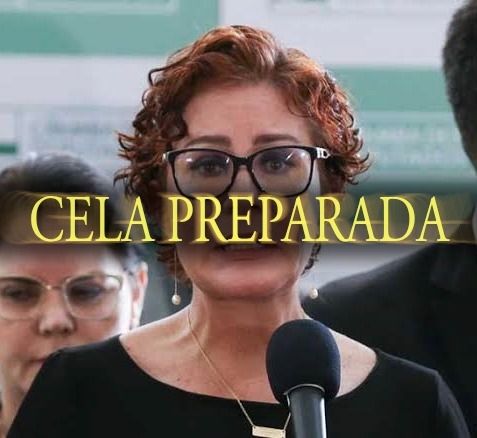 Foto da Zambelli falando ao microfone com a legenda no estilo do Dark Souls "Cela Preparada"