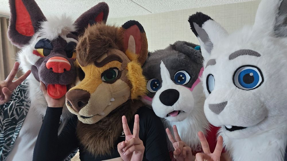 4 furries standing next to each other all holding peace signs