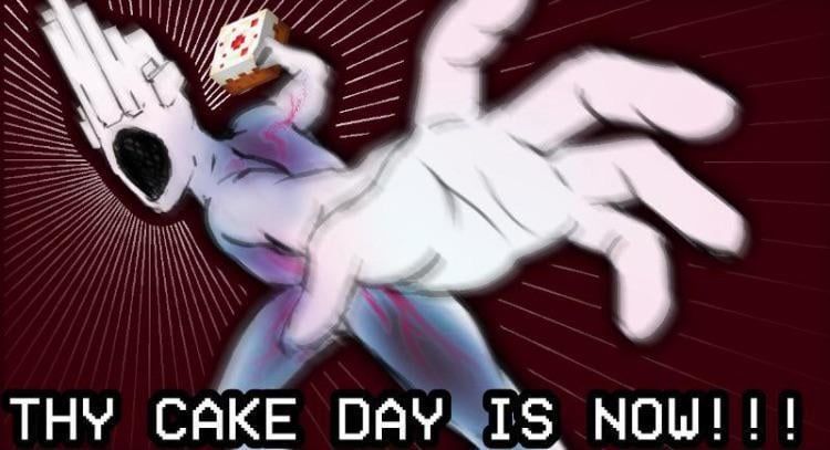 Ultrakill punch meme with the text "THY CAKE DAY IS NOW!!!" and ultrakill is holding a Minecraft cake like he's about to shove it in your face like a pie