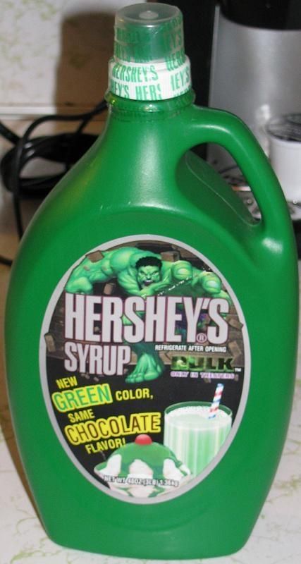 a large bottle of Hershey's Hulk Syrup. 

the label touts "new green color same chocolate flavor" and prominently features The Hulk.