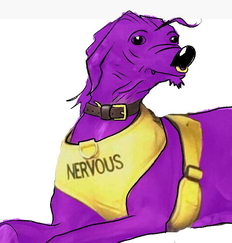 A drawover / paintover of a photo of a dog in a "NERVOUS" vest modified to be purple with a septum ring and hair
