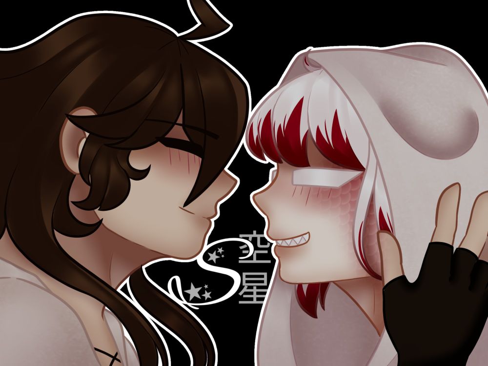 Tecchou putting a blanket over Jouno's head. Both look at each other, smiling. Jouno's skin shows some scale formation under their eye