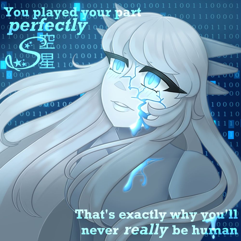 My OC S0R4 "bleeding" a glowing blue fluid from a crack in her face