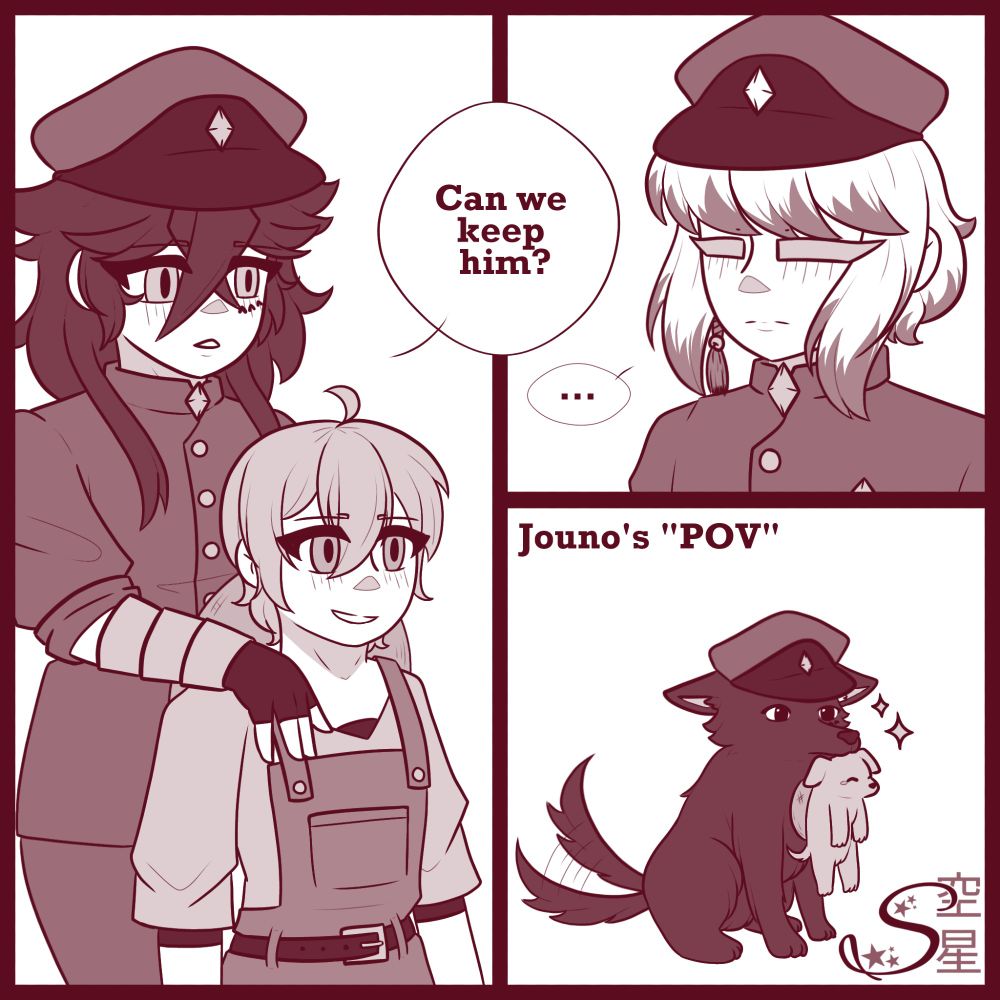 Three-panel comic showing Tecchou with Kenji in the first frame asking Jouno if they can keep the child. The third panel shows Jouno's POV with just a dog carrying a puppy in its mouth