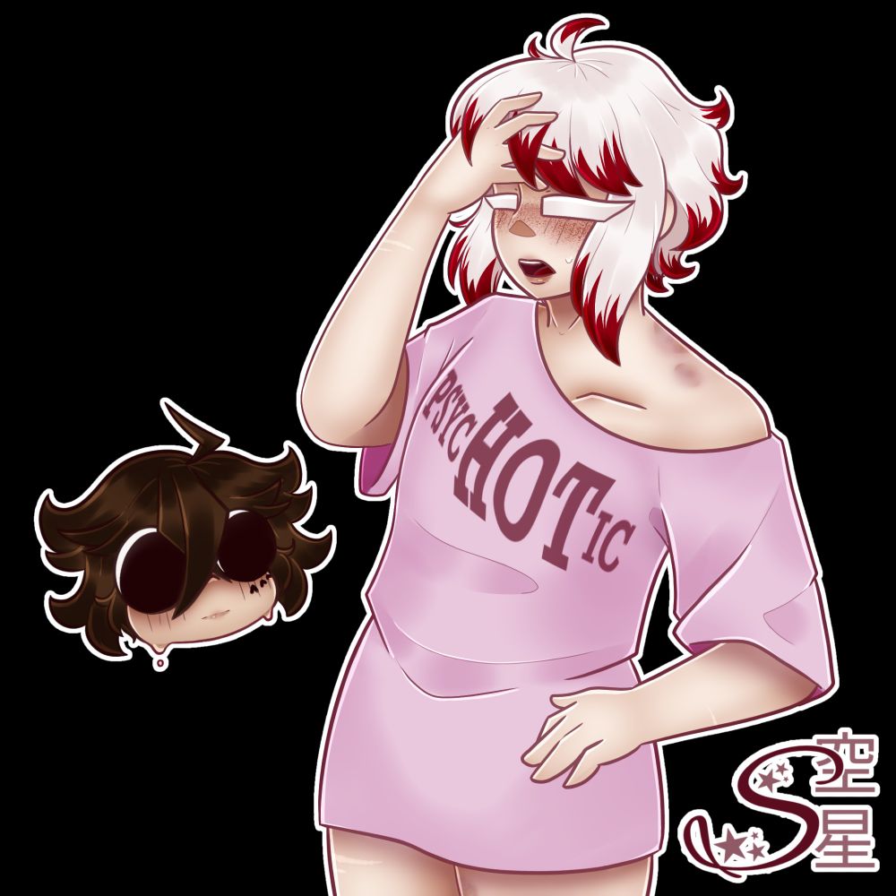 Jouno wearing a shirt that reads "psycHOTic" (emphasis on the hot), with a chibi Tecchou head next to them