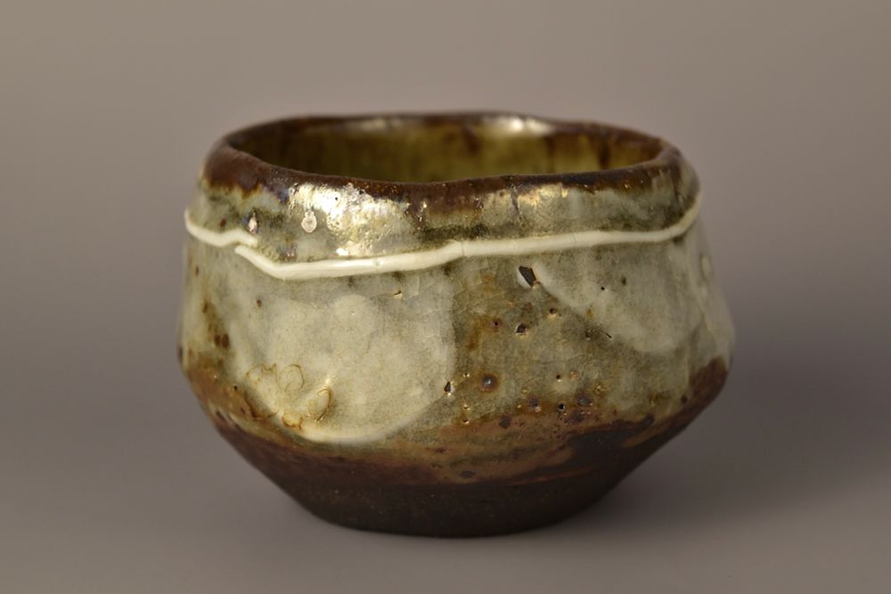 Tea bowl, stoneware and porcelain with white shino glaze.
