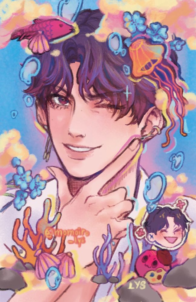 Portrait of Rafayel from the the mobile game and otome game Love and Deepspace. 

He is winking at the camera and has pink and blue eyes. His hair purple with blue strands in his wavy parted bangs. I would say his expression is playful / mischievous. 
Background is blue and pink. He is surrounded by yellow, orange with hints of pink clouds supposed to represent (in a way) foam or sand, blue little flowers, orange and purple corals, a magenta fish, an orange et yellow jellyfish, rocks and light pink shells. You can also see in the bottom right hand corner his magenta blobbu artist self and a little cartoon version of his happy face. 
