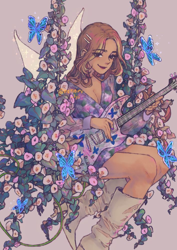 Winx club Flora sitting on a swing covered by ivy (flowers and leaves) while playing a transparent electric guitar with blue fake butterflies in it. Her wings are visible. Bright blue butterflies are flying around her. 