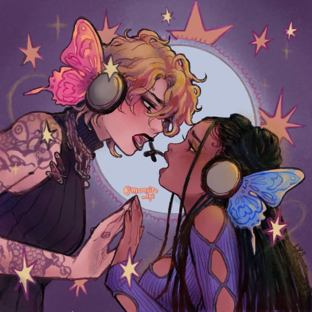 My ocs Lou (left) and Céleste (right) recreating the Megurine Luka and Hatsune Miku’s Magnet pose. Both of them are singing while their microphones are intertwined. Lou has a pink butterfly wing and Céleste a blue one. They’re in love your honor. 