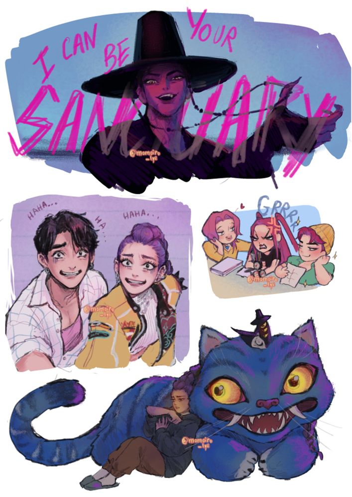 A page a of 4 little fanarts of the new Netflix animated movie Kpop Demon Hunters. 

Top: a pink and blue redraw of Abby playing with the pearls/lace of his hat while singing his verse in ‘Your Idol’ : "I can be your sanctuary" which is written in pink over him. He’s looking smugly(?) at us. 

Left: a redraw of Jinu and Rumi laughing uncomfortably at their signing event while giving a signed copy of a poster to fan that we cannot see. 

Right: a very cartoonish redraw of Mira being very annoyed while signing her posters. Romance is flirting with her to the left and Abby is showing a drawing of his abs while looking at her in a flirty way too. 

Bottom: Rumi sitting against Jinu’s blue tiger. The tiger and the crow are looking in her direction. Rumi seems rather sad and conflicted while looking at her forearm faintly revealing her patterns (she is rolling her sleeve up with her other hand). Colors are rather dark to show that she is doing this at night. She is wearing her at-home clothes (completely covered up).