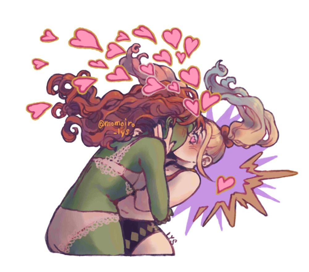 Poison Ivy (left) passionately kissing Harley Quinn (right). They are both wearing simple lingerie sets : ivy has white/beige underwears and Harley red and back with yellow diamonds underwears. Harley has hearts in her eyes. Ivy is holding Harley’s waist and Harley is cupping Ivy’s face. Their hair are flowing on the left with how fast and sudden the kiss is. There are pink hearts flowing from them to accentuate the movement. Behind Harley, there is a purple and yellow/brown shape (almost like an explosion 💥) to emphasize the composition. They’re in love your honor. 