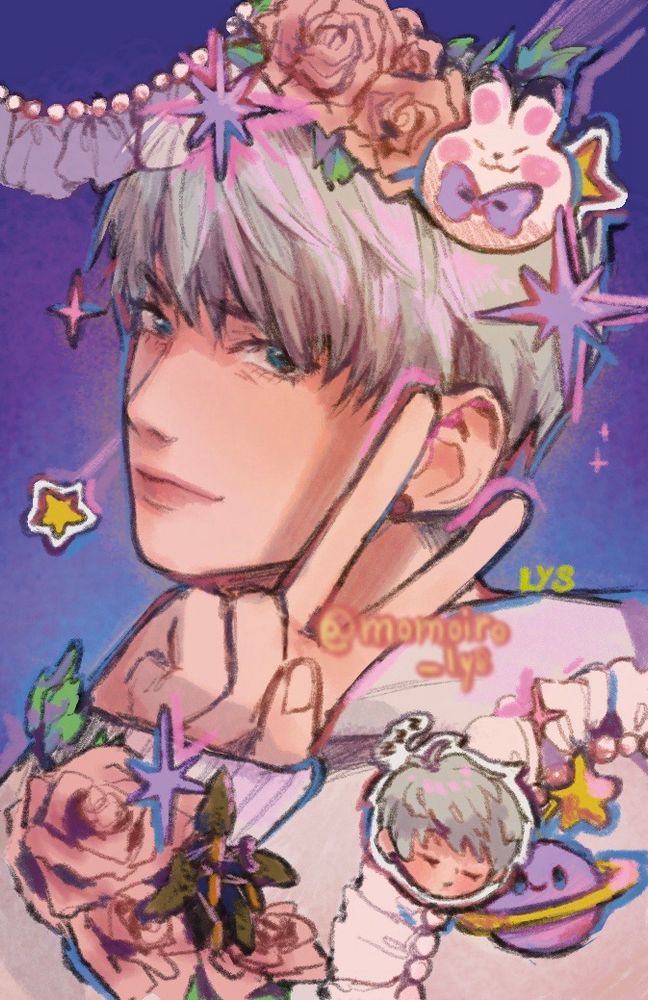 A portrait of Xavier from Love and Deepspace. 

He is looking at the viewer while having side/back to us and showing a peace sign near his face. I would say the mood is rather… soft? Maybe? But with a fierce gaze? Does that make any sense?? I’m sorry lol
Background is mostly purple and blue. There are purple sparkling stars and a yellow shooting star. He is surrounded by light pink roses and a … not so well drawn black and gold decaying lily (I’m sorry I tried my best, it’s in reference to his new myth) and pearl and lace like decors. 

Top right corner: his white rabbit mascot! Looking happy!
Bottom right corner : his purple planet blobbu next to his sleeping cartoon face