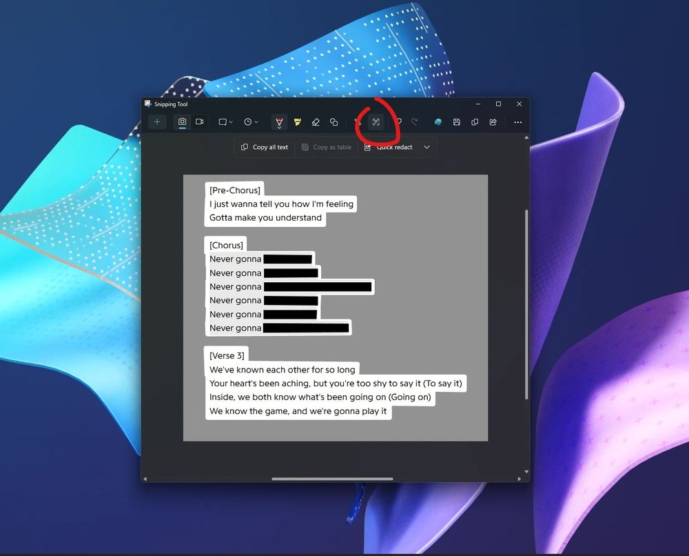 The snipping tool open to the text actions view. It contains a random screenshot showing the lyrics to a chorus 