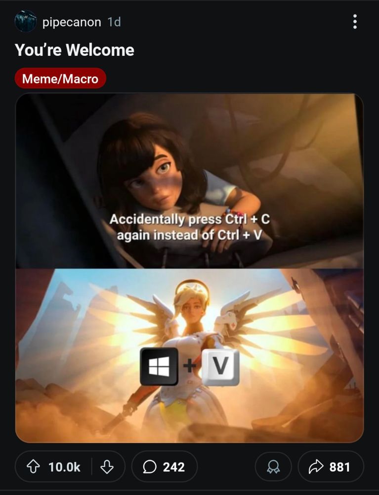 Screenshot of a post on Reddit that just says "you're welcome". Below, they've posted a meme with a woman looking out the window, depressed, because she accidentally pressed CTRL+ C rather than CTRL + V. suddenly an angel appears reaching out, with the shortcut WIN+ V